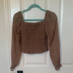 Smocked Square-Neck Cheetah Print Blouse